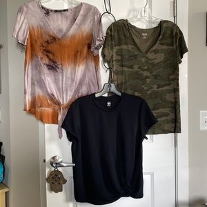 NWOT 3 for $15 short sleeve tops. Tye dyed M, Camo T M, Black S. Great! Deal